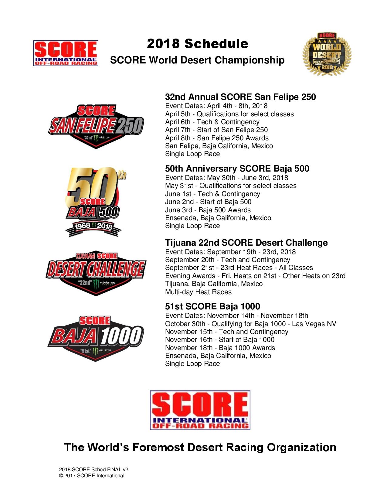 SCORE World Desert Championship 2018 Schedule